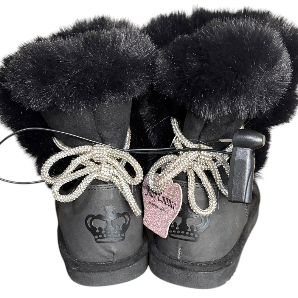 NWT Juicy Couture Black Faux‎ Fur Boots Rhinestone Bow Glitter Logo Kid's Size 1 - Picture 4 of 9
